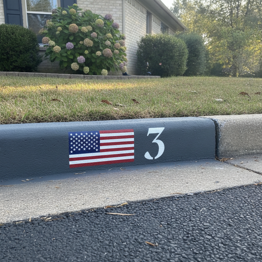curb painting features a professionally applied American flag stencil next to the house number