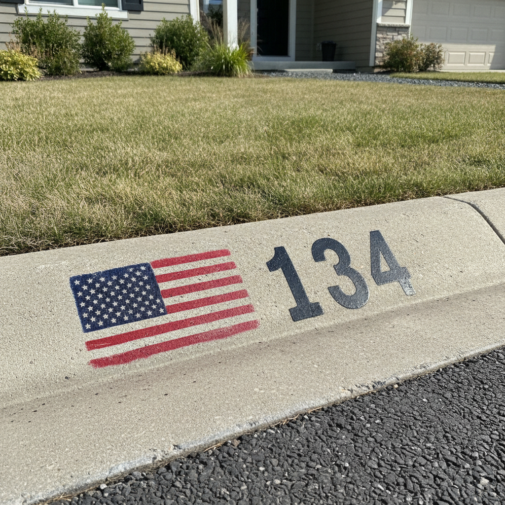 curb painting features a professionally applied American flag stencil next to the house number