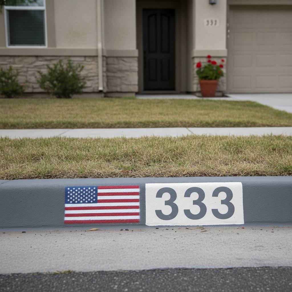 curb painting features a professionally applied American flag stencil next to the house number
